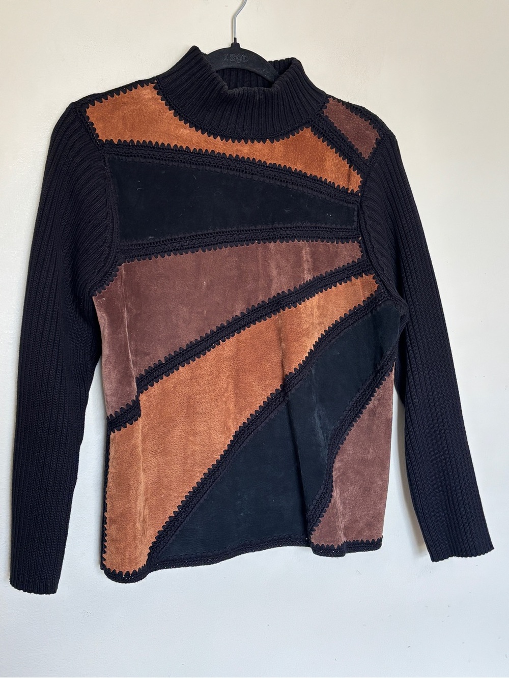 Vtg 90s Suede Boho Patchwork Sweater Lisa International Sz S Mockneck Colorblock